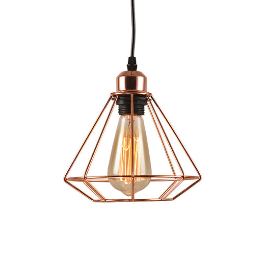 Rose Gold Iron Diamond Cage Pendant Lamp - Industrial Ceiling Light With 1-Bulb