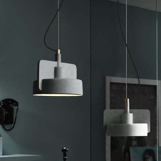 Minimalist Hanging Light: Cement Shallow Bowl Fixture For 1 Bulb Perfect Dining Table In