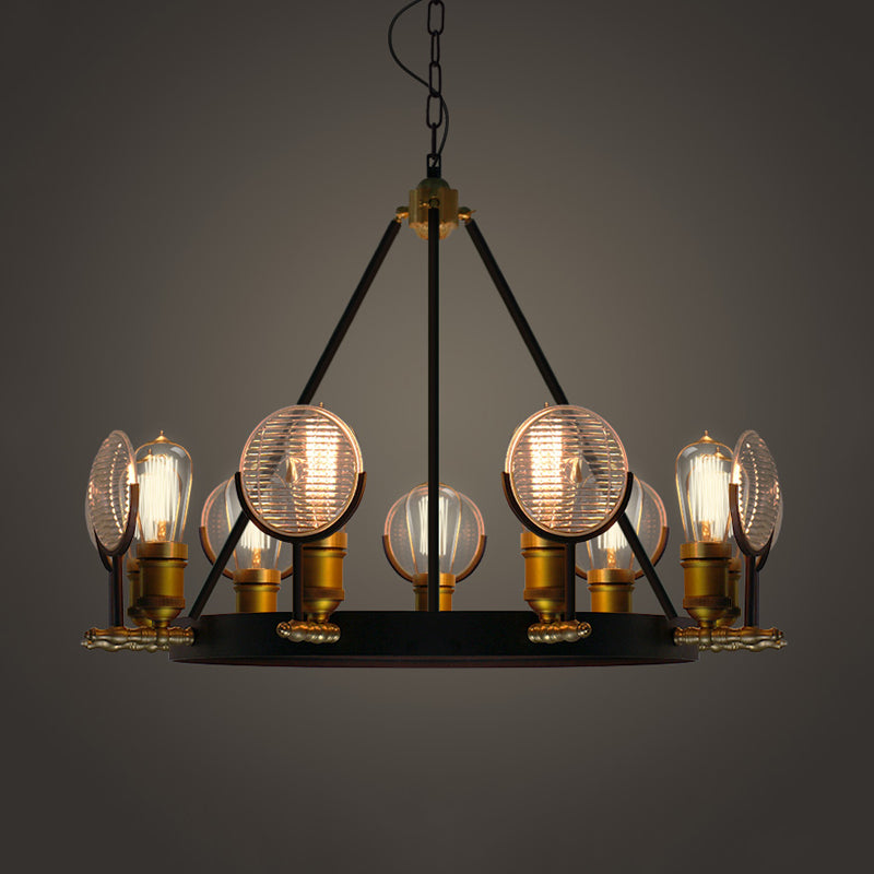 Vintage Black Grid Glass Lens Chandelier Lamp - 6/9/12 Lights Hanging Light Kit For Restaurants