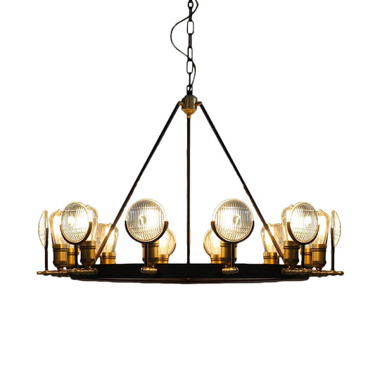 Vintage Black Grid Glass Lens Chandelier Lamp - 6/9/12 Lights Hanging Light Kit For Restaurants