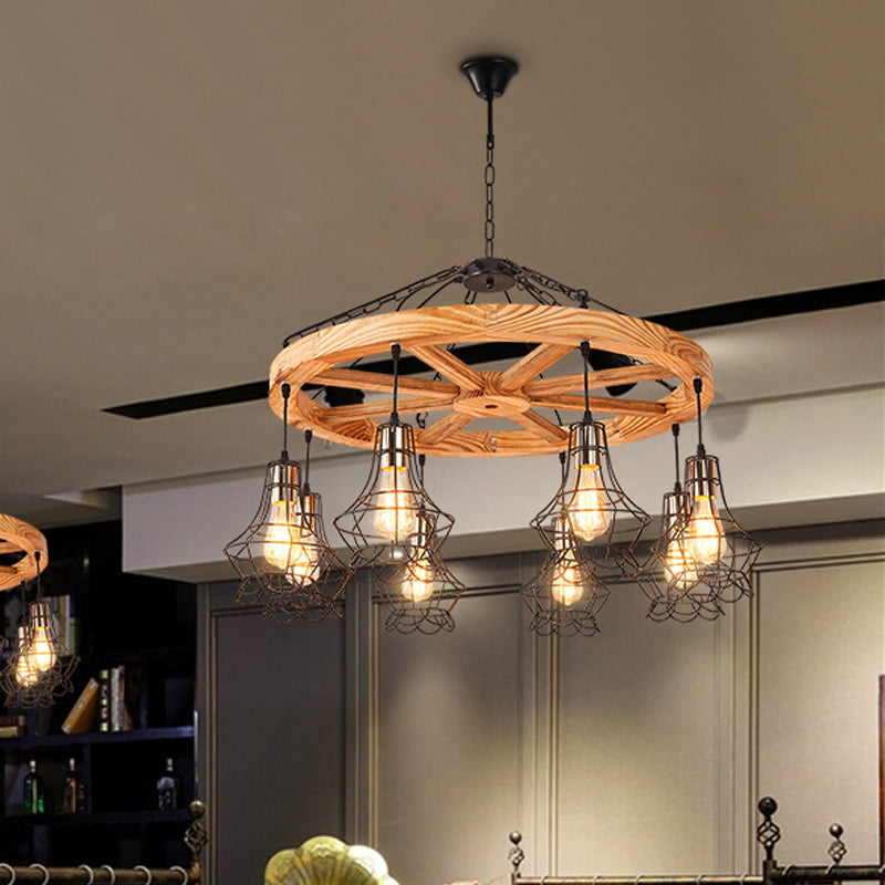 Suspension Wooden Wagon Wheel Chandelier - Rustic 6/8-Light Fixture With Wire Cage For Dining Hall