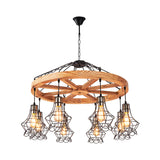 Wood Suspension Wagon Wheel Chandelier For Dining Hall - 6/8-Light Ceiling Fixture With Wire Cage