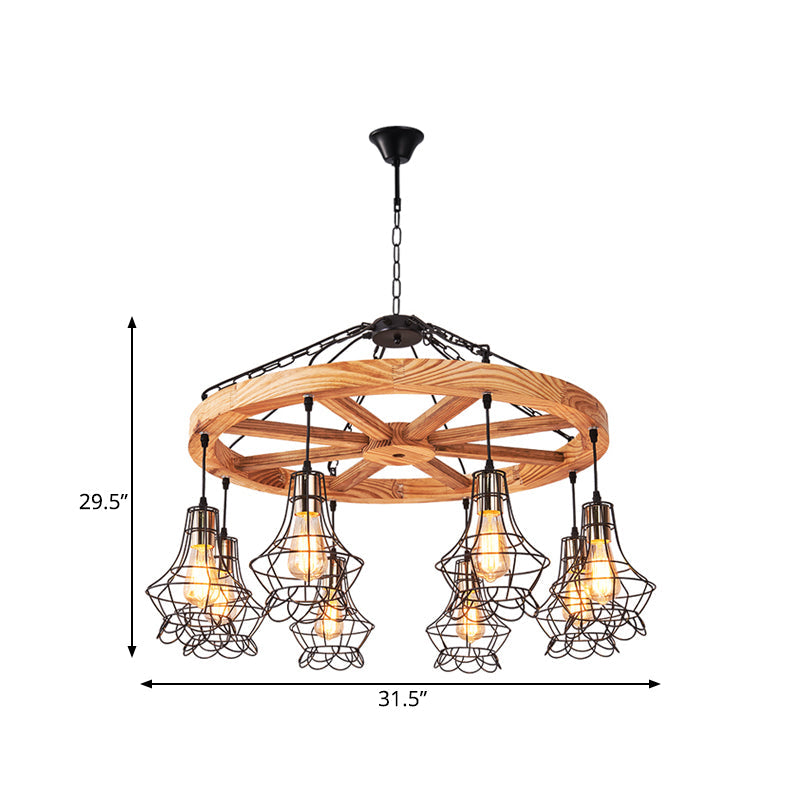 Suspension Wooden Wagon Wheel Chandelier - Rustic 6/8-Light Fixture With Wire Cage For Dining Hall
