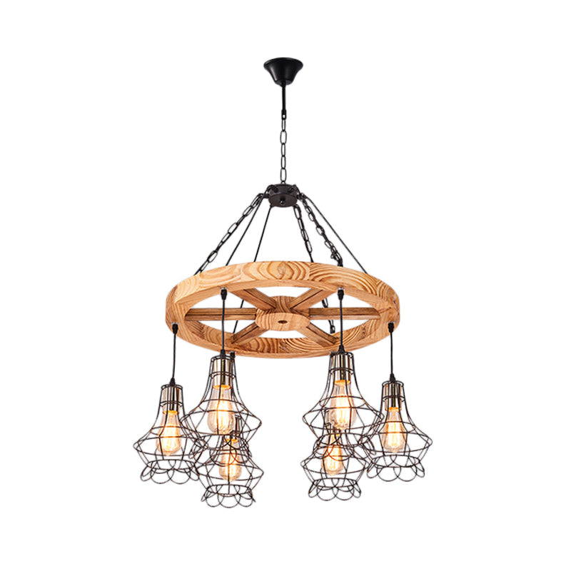 Suspension Wooden Wagon Wheel Chandelier - Rustic 6/8-Light Fixture With Wire Cage For Dining Hall