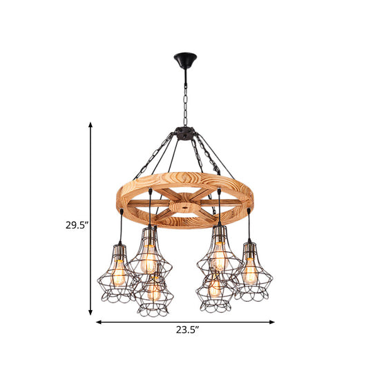 Suspension Wooden Wagon Wheel Chandelier - Rustic 6/8-Light Fixture With Wire Cage For Dining Hall