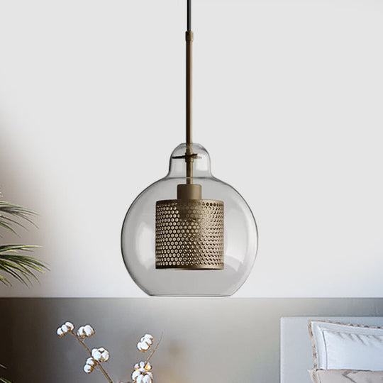 Clear Glass Globe Pendant Colonial 1 Head Restaurant Down Lighting - Bronze/Silver Gray With Metal