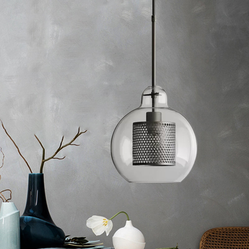 Clear Glass Globe Pendant Colonial 1 Head Restaurant Down Lighting - Bronze/Silver Gray With Metal