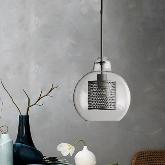 Clear Glass Globe Pendant Colonial 1 Head Restaurant Down Lighting - Bronze/Silver Gray With Metal