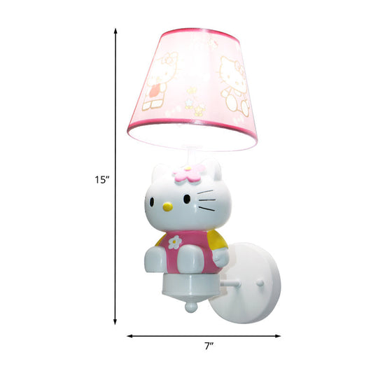 Kitty Girls Room Wall Lighting: Cute Pink Resin Cartoon Sconce Fixture With Fabric Shade