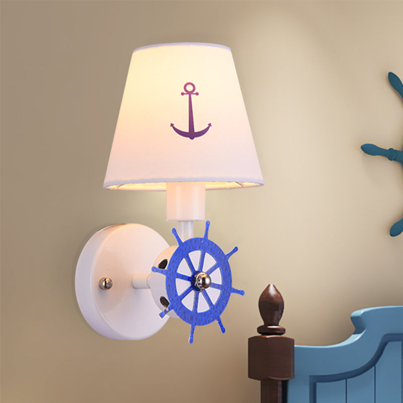 Coastal Metallic Wall Mounted Sconce With Wheel Rudder Design White-Blue Fixture & Fabric Shade