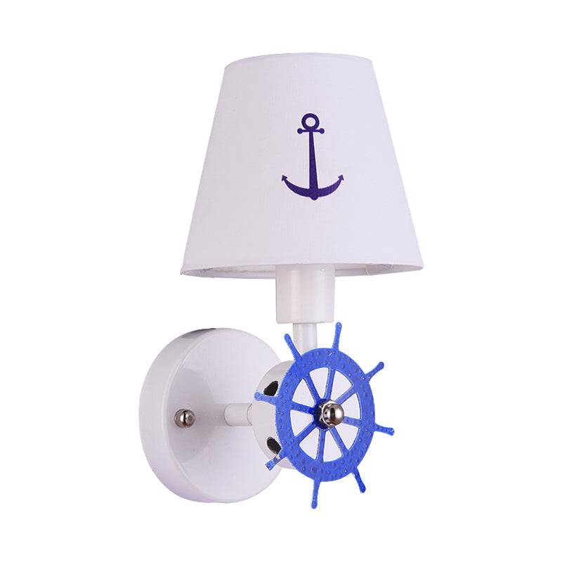 Coastal Metallic Wall Mounted Sconce With Wheel Rudder Design White-Blue Fixture & Fabric Shade