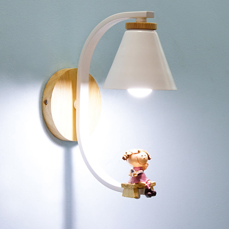 Tapered Iron Wall Mount Lamp - 1 Light Pink/Blue And Wood Sconce With Moon/Portrait Decor