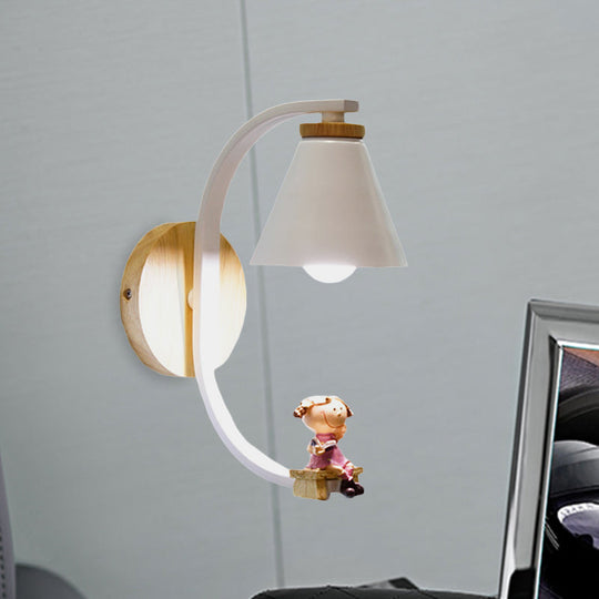 Tapered Iron Wall Mount Lamp - 1 Light Pink/Blue And Wood Sconce With Moon/Portrait Decor Pink /