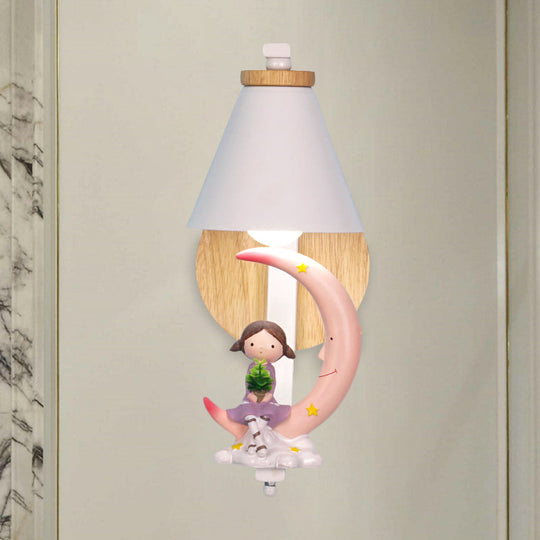Tapered Iron Wall Mount Lamp - 1 Light Pink/Blue And Wood Sconce With Moon/Portrait Decor