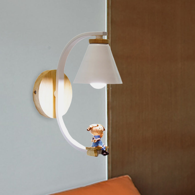 Tapered Iron Wall Mount Lamp - 1 Light Pink/Blue And Wood Sconce With Moon/Portrait Decor