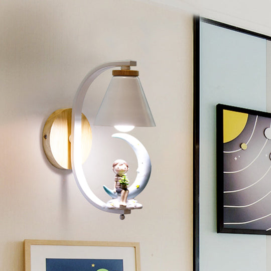 Tapered Iron Wall Mount Lamp - 1 Light Pink/Blue And Wood Sconce With Moon/Portrait Decor Blue /