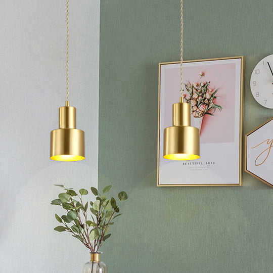 Gold Colonial Cylinder Pendant Light - 1 Bulb Iron Ceiling Lamp For Bedroom