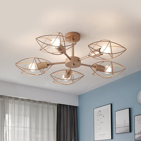 Colonial Iron Star Cage Gold Semi Flush Mount - 5-Light Close To Ceiling Lighting Fixture For