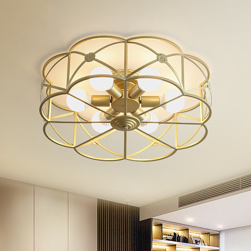 Scalloped Cage Iron Gold Flush Mount With 6 Bulbs - Stylish Colonial Ceiling Light Fixture For
