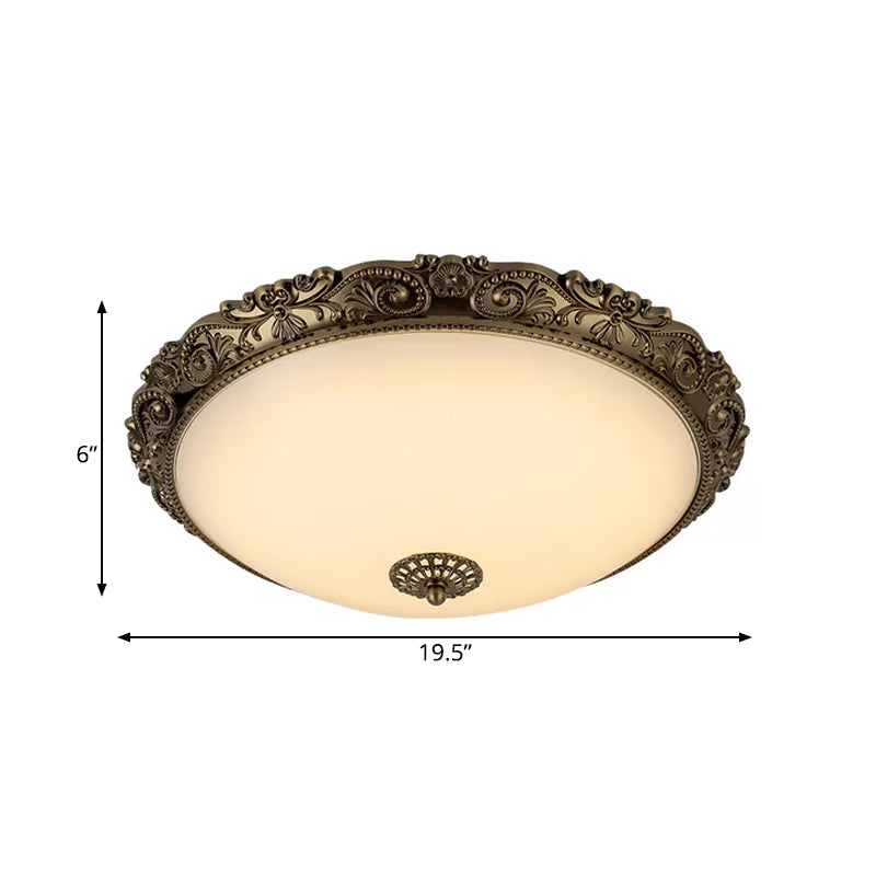 Traditional White Glass Led Bedroom Ceiling Lamp - Brass Domed Flush Mount Lighting (12’/16’/19.5’)