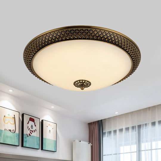 Traditional White Glass Led Bedroom Ceiling Lamp - Brass Domed Flush Mount Lighting (12’/16’/19.5’)