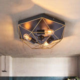 Traditional Metal Prism Cage Foyer Ceiling Light Black Flush Mount Fixture With 3 Heads