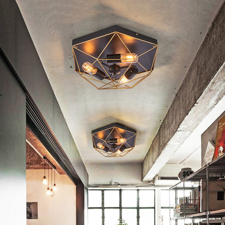Traditional Metal Prism Cage Foyer Ceiling Light Black Flush Mount Fixture With 3 Heads