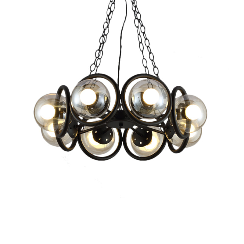 Industrial Black Chandelier Light With Clear Glass Globes And Round Cage - 6/8 Bulbs Pendant Fixture