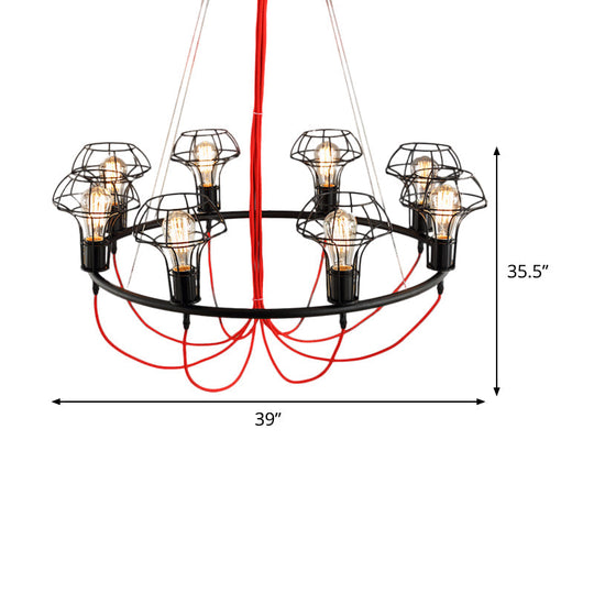 Iron Mushroom Cage Chandelier Light Industrial Pendant Lamp - 8 Heads Black Ideal For Restaurants