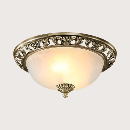 Opal Glass Flush Mount Ceiling Light In Bronze/Copper - Countryside 3 - Head Metal Fixture Wide
