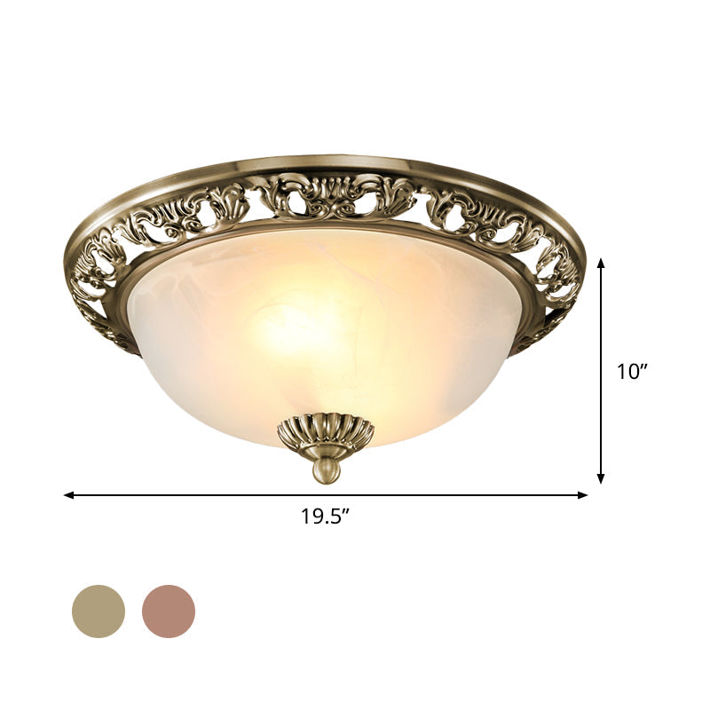 Opal Glass Flush Mount Ceiling Light In Bronze/Copper - Countryside 3 - Head Metal Fixture Wide