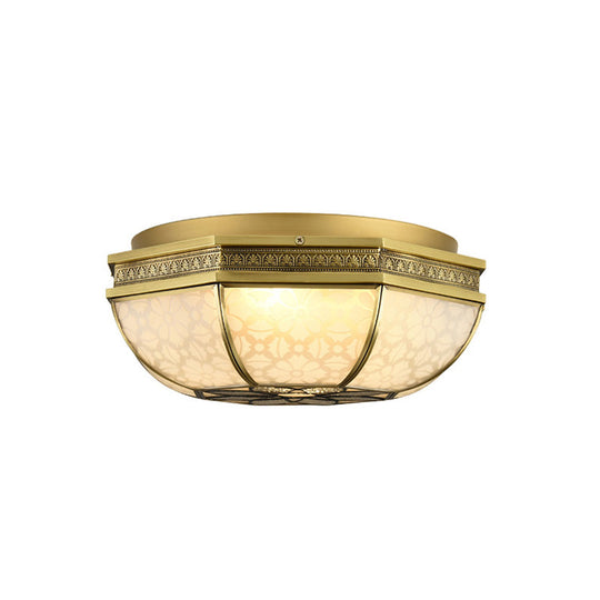 Frosted Glass Gold Flush Mount Ceiling Fixture With Flower Pattern - 4 - Light Colonial Metal Design