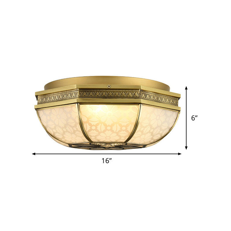 Frosted Glass Gold Flush Mount Ceiling Fixture With Flower Pattern - 4 - Light Colonial Metal Design