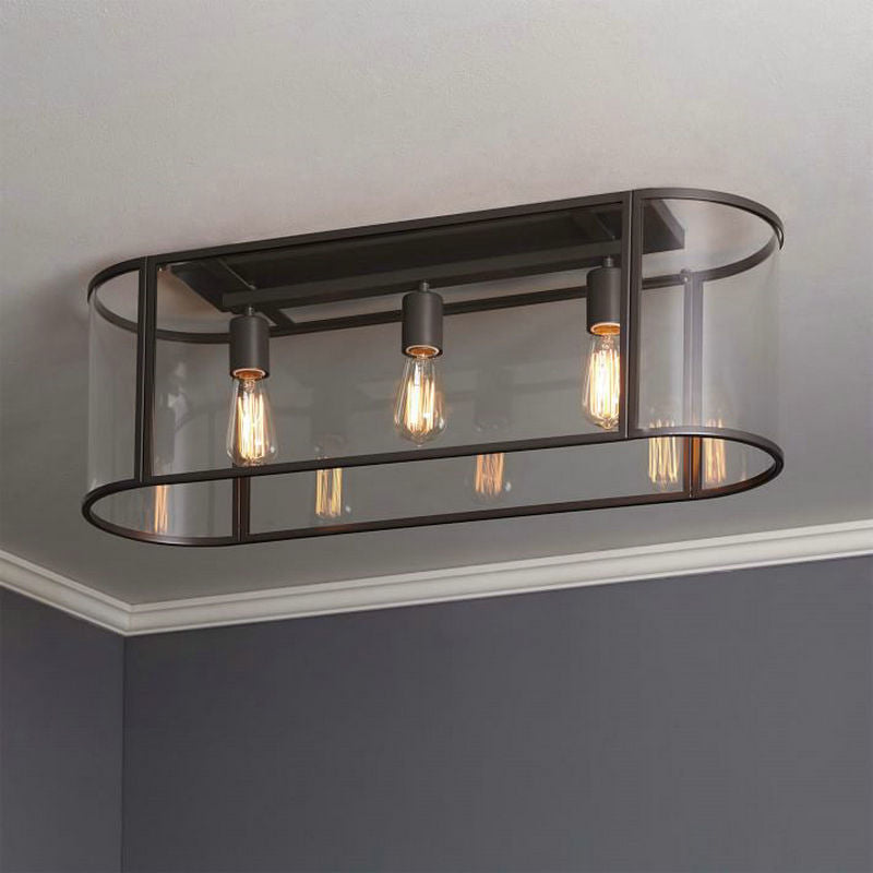 3 - Head Flush Mount Light: Metal Warehouse Corridor Lighting With Oval Clear Glass Shade In