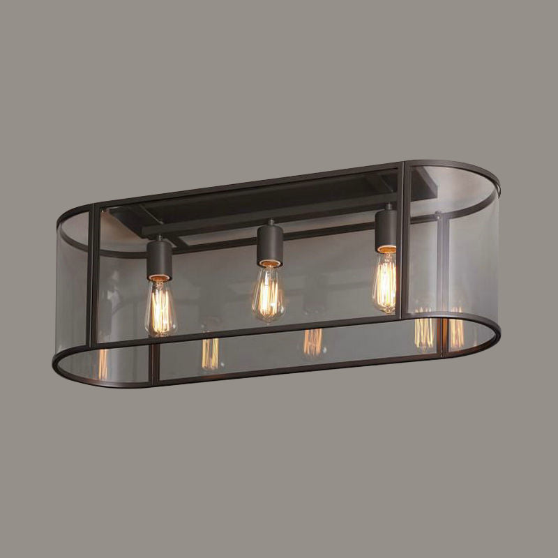 3 - Head Flush Mount Light: Metal Warehouse Corridor Lighting With Oval Clear Glass Shade In