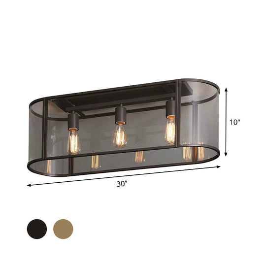 3 - Head Flush Mount Light: Metal Warehouse Corridor Lighting With Oval Clear Glass Shade In