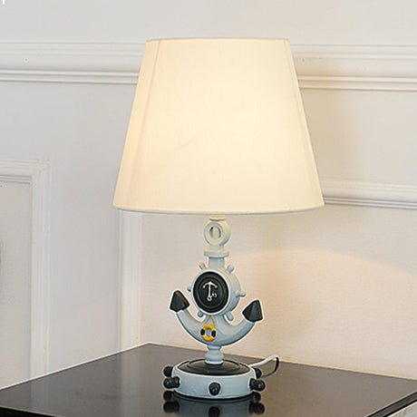 Mediterranean Blue Cone Nightstand Lamp With Anchor Base - 1-Head Fabric Night Table Light