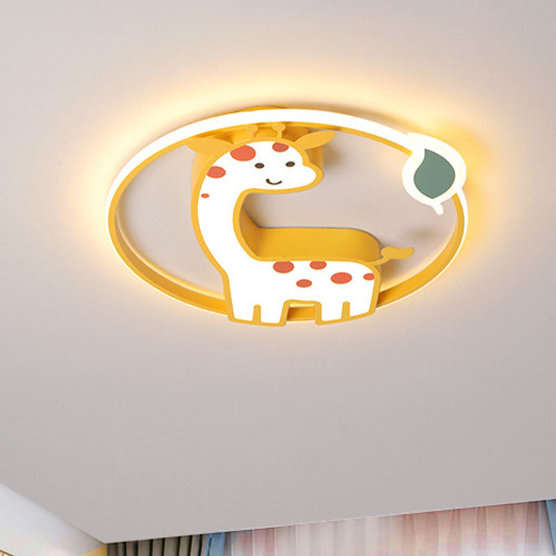 Giraffe Kids Ceiling Light Fixture - Iron Frame Led Yellow Flush Mount For Childrens Bedroom