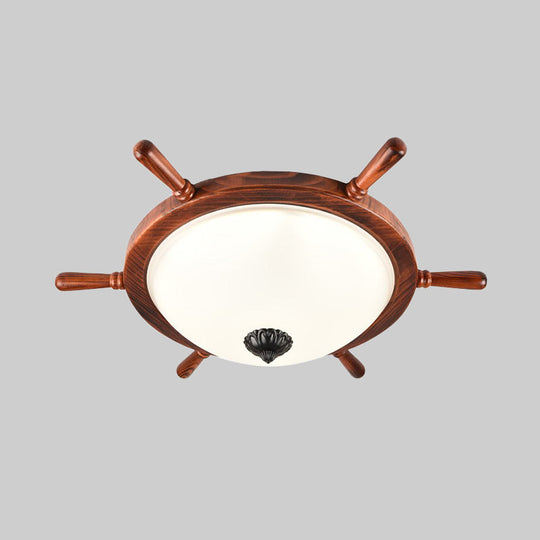 Rural Style Wood Frame 2-Light Flush Mount With Opal Glass Bowl Shade
