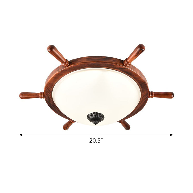 Rural Style Wood Frame 2 - Light Flush Mount With Opal Glass Bowl Shade