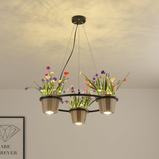 Industrial Wooden Ceiling Chandelier - Round Pendant With Potted Plant In Black 3/6/9 Lights