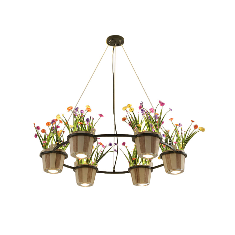 Industrial Wooden Ceiling Chandelier - Round Pendant With Potted Plant In Black 3/6/9 Lights
