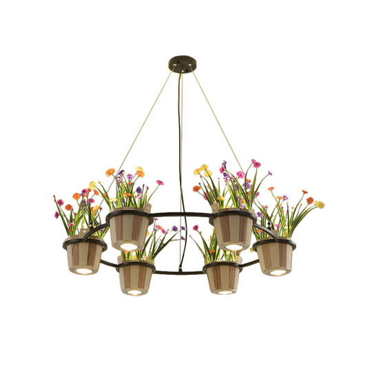 Industrial Wooden Ceiling Chandelier - Round Pendant With Potted Plant In Black 3/6/9 Lights