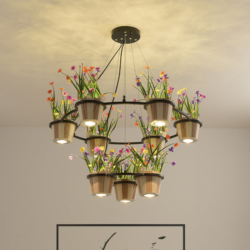 Industrial Wooden Ceiling Chandelier - Round Pendant With Potted Plant In Black 3/6/9 Lights