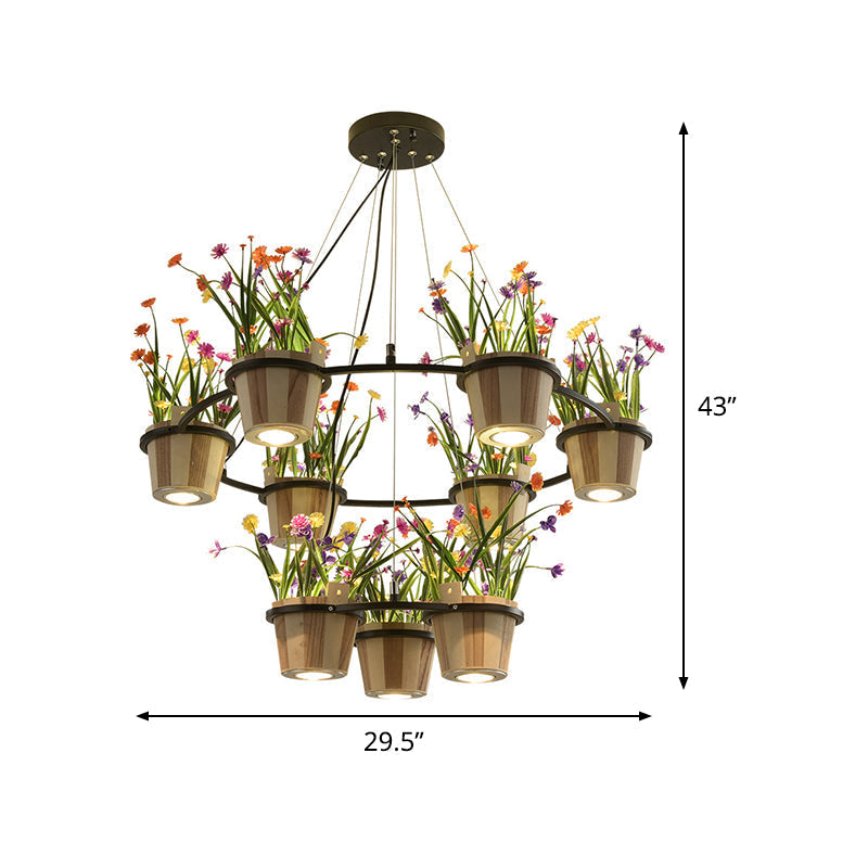 Industrial Wooden Ceiling Chandelier - Round Pendant With Potted Plant In Black 3/6/9 Lights