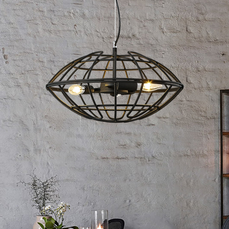 Metal Black Chandelier Light With Ufo Wire Cage - 3 Bulbs Restaurant Suspension Lighting