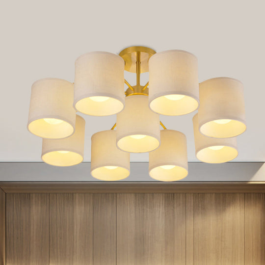 Colonial Fabric Cylinder Semi Mount Ceiling Light - Gold Finish 9 Lights Living Room Lighting
