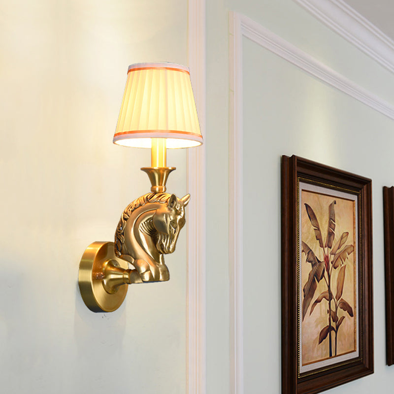 Rustic Fabric Conical Wall Light: Gold Hallway Sconce With Horse Head Arm