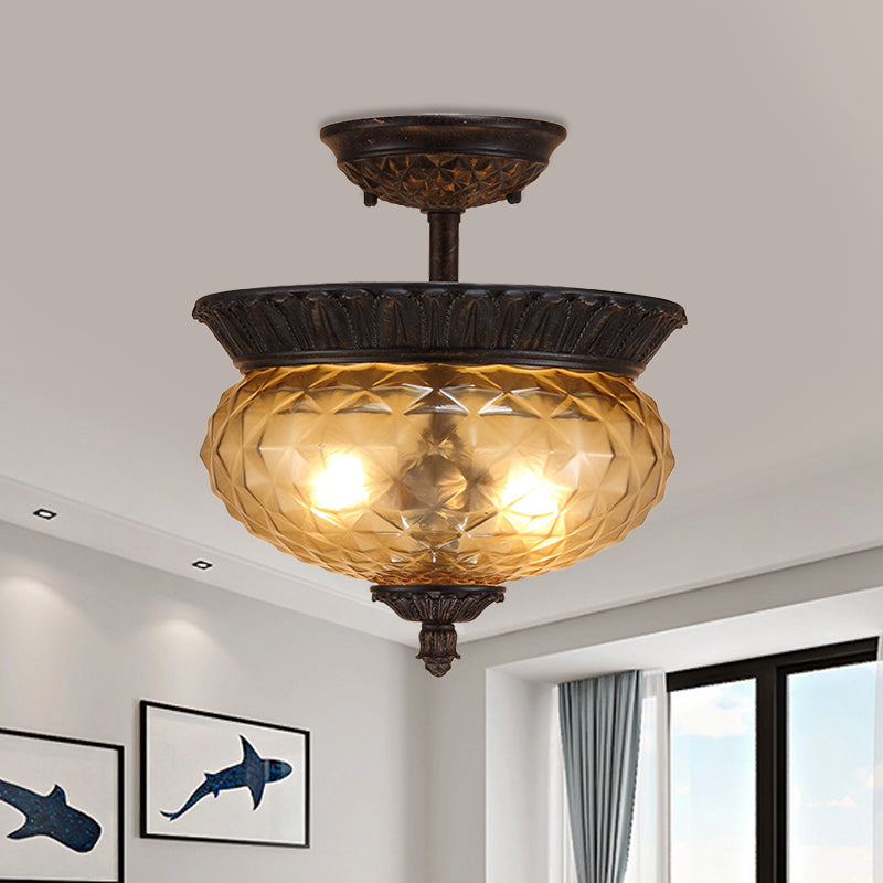 2-Light Countryside Black Semi Flush Ceiling Light With Prismatic Glass - Ideal For Dining Room