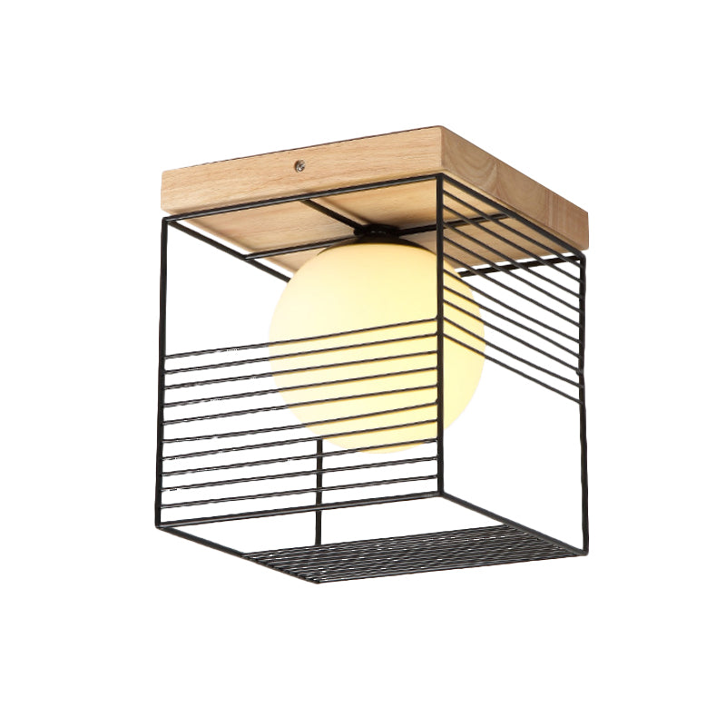 Minimalist Nordic Cage Ceiling Light With Glass Shade And Wood Canopy - Black/White Cubic Iron